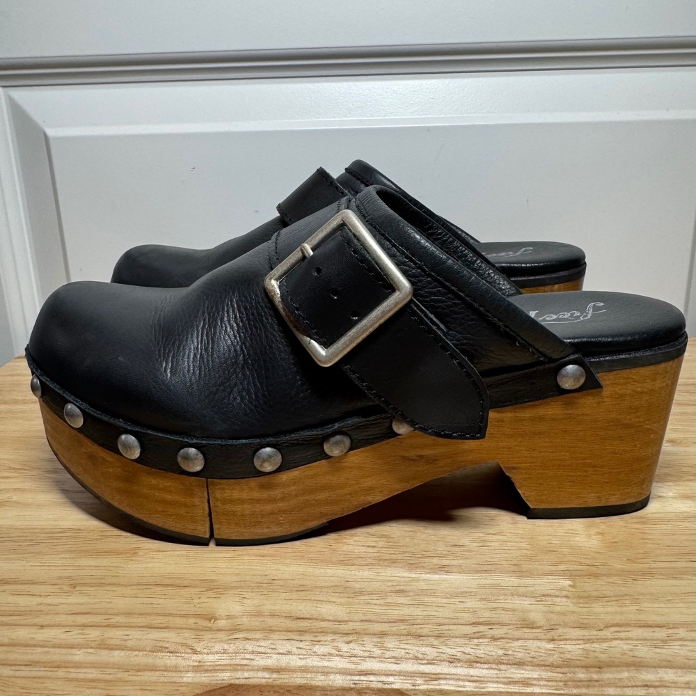 Free People Black Leather Studded Buckle Wood Platform Clogs Made in Spain 38 - Picture 11 of 16